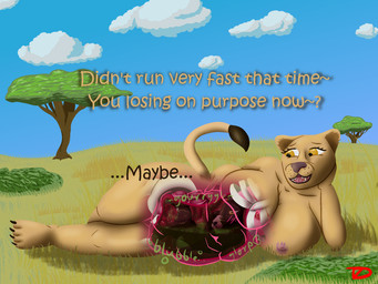 anthro big_breasts bodily_fluids bone breasts duo female female_pred internal laying_on_grass male male/female male_prey nude organs size_difference stomach_acid vore wide_hips flightlesslizard kira_(yes) nikos_(yes) bovid caprine felid lion mammal pantherine sheep hi_res