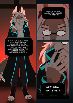 5_fingers anthro black_clothing black_jacket black_topwear claws clothing determined determined_eyes dialogue ear_tuft ears_up eyewear fingers fist fur glasses grey_body grey_fur jacket looking_at_viewer male neck_tuft neon neon_lights no_shoes paintbrush_tail red_eyes red_glow solo standing tail text topwear tuft rednroge dorian_solvain canid canine canis fox mammal comic english_text hi_res