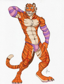 abs anthro arm_tuft armwear blue_eyes bulge clothed clothing crossdressing facial_markings front_view fur head_markings male male_anthro markings mouth_closed muscular muscular_anthro muscular_male navel orange_body orange_fur panties pattern_armwear pattern_clothing pecs pink_armwear pink_clothing pink_nose pink_panties pink_underwear purple_armwear purple_clothing purple_panties purple_underwear shoulder_tuft simple_background solo standing striped_arms striped_armwear striped_body striped_clothing striped_face striped_fur striped_legs striped_markings striped_tail stripes tail tail_markings tan_body tan_fur tuft underwear whiskers white_background hufnaar felid mammal pantherine tiger 2018 dated full-length_portrait hi_res portrait