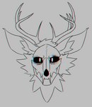 ambiguous_gender anthro antlers bone fur horn long_ears looking_at_viewer minimal_color mouth_closed simple_background skull skull_head solo lilac_(artist) hollow_(lilac) deer mammal 2021 black_and_white digital_media_(artwork) headshot_portrait hi_res monochrome portrait