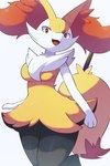 anthro black_body black_fur breasts featureless_breasts female fur looking_at_viewer nude solo white_body white_fur yellow_body yellow_fur rumine nintendo pokemon braixen generation_6_pokemon pokemon_(species) 2024 2:3 hi_res