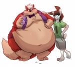 2017 anthro barefoot belly beverage big_belly black_hair blush bow_(feature) bow_tie canid canine cevlock_(cevlock) chubby_cheeks clothed clothing dipstick_tail drinking duo embarrassed fatglaz feet fox fur grin growth_drive hair hand_on_belly hand_on_hip hand_on_shoulder holding_beverage holding_object huge_belly hyper hyper_belly lagomorph leporid love_handles male mammal markings moobs morbidly_obese multicolored_tail navel obese obese_male overweight overweight_male rabbit red_body red_fur simple_background smile standing tail tail_markings teeth thick_thighs tom_(fatglaz) topwear torn_clothing vest weight_gain white_background white_body white_fur white_hair wide_hips