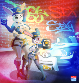 anthro breasts car cosplay duo female genitals graffiti neon_lights nipples open_panties pink_nipples police police_car police_officer police_vehicle pose street vehicle vulva cranebear beastars disney zootopia haru_(beastars) judy_hopps domestic_rabbit dwarf_rabbit european_rabbit lagomorph leporid mammal netherland_dwarf_rabbit oryctolagus rabbit absurd_res crossover hi_res huge_filesize pinup