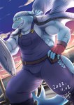 anthro clothing fingerless_gloves fisherman gloves grin handwear kerchief male muscular muscular_anthro muscular_male overalls pecs scar sharp_teeth smile solo teeth sabita_kan lifewonders live_a_hero isaribi fish marine shark hi_res