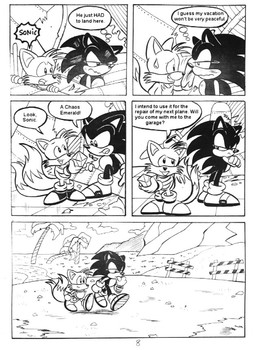 anthro biped bodily_fluids chaos_emerald dialogue duo gem palm_tree plant speech_bubble sweat sweatdrop text tornado_(aircraft) tree ayamepso sega sonic_the_hedgehog_(series) miles_prower sonic_the_hedgehog canid canine eulipotyphlan fox hedgehog mammal black_and_white comic english_text line_art monochrome
