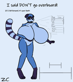 anthro attribute_slider big_breasts blue_body blue_fur body_modification body_slider breast_expansion breast_squish breasts expansion female fur huge_breasts hyper hyper_breasts machine solo squish standing text unbalanced zerocloak ali_(zerocloak) mammal procyonid raccoon robot english_text hi_res busty_boy_(lore) male_(lore)