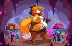 anthro belly bread breasts butt cave clothing emanata female food fur group hair holding_food holding_object hood meat orange_hair overweight overweight_anthro overweight_female yellow_body yellow_eyes yellow_fur skalesstash kim_(|-super-|) canid canine fox kobold mammal scalie absurd_res hi_res