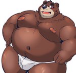 12beat13 2022 anthro bared_teeth bear belly big_belly black_nose blush brown_bear brown_body bulge clothing eyewear facial_hair glasses hands_on_hips hi_res humanoid_hands kemono male mammal mature_male moobs navel nipples open_mouth overweight overweight_male red_eyes simple_background smile solo underwear ursine white_background white_clothing white_underwear