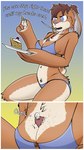 angry anthro between_breasts big_hands bikini border breasts buckteeth cheek_tuft close-up clothed clothing dessert duo eating extreme_size_difference facial_tuft female food freckles fur hair hip_tuft holding_object larger_anthro larger_female macro male male/female micro micro_abuse navel pastry pie simple_background sitting size_difference skimpy smaller_human smaller_male stuck swimwear tail teeth text tuft two-piece_swimsuit white_border wyo wendy_waffle_(wyo) human lagomorph leporid mammal rabbit 9:16 absurd_res digital_media_(artwork) english_text hi_res