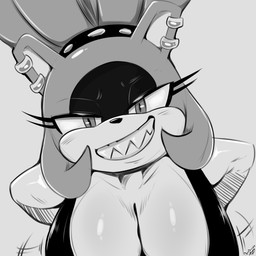 anthro big_breasts breasts cleavage clothed clothing ear_piercing eyelashes facial_markings female grin hair hands_on_hips hanging_breasts head_markings huge_breasts looking_at_viewer markings narrowed_eyes piercing ponytail pupils shirt smile solo teeth teeth_showing text topwear conditional_dnp digitaldomain123 idw_publishing sega sonic_the_hedgehog_(comics) sonic_the_hedgehog_(idw) sonic_the_hedgehog_(series) surge_the_tenrec afrosoricid mammal tenrec 2026 absurd_res artist_name greyscale hi_res monochrome signature