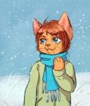 anthro chibi clothed clothing fur hair male outside scarf smile snow solo standing melamoryblack felid mammal hi_res