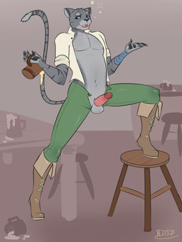 alcohol anthro beverage blue_eyes boots bottomwear bubble clothed clothing drunk drunk_bubble erection fangs footwear fur genitals gesture green_bottomwear green_clothing green_pants grey_body grey_fur male nipples open_bottomwear open_clothing open_pants open_shirt open_topwear pants penis presenting presenting_penis shirt shoes shrug simple_background smile solo stripes substance_intoxication tankard tavern teeth tight_clothing topwear hashdrawingslasher microsoft the_elder_scrolls patches_(patchescantpurr) felid khajiit mammal 3:4 hi_res