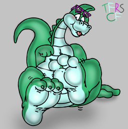 3_toes anthro arm_support belly bent_legs big_belly blue_eyes blush casual_nudity claws curling_tail curling_toes eyewear eyewear_only feet floating_eyebrows foot_focus front_view glance glistening glistening_body glistening_feet glistening_scales green_body green_scales green_toe_claws grey_background humanoid_feet humanoid_heel knees_up long_neck looking_at_viewer male multicolored_body multicolored_scales nude pecs plantigrade pose raised_tail scales shadow simple_background sitting slightly_chubby slightly_chubby_anthro slightly_chubby_male smile smiling_at_viewer soles solo sunglasses sunglasses_only tail teasing teasing_viewer teasing_with_feet thick_tail toe_claws toes tongue tongue_out toony two_tone_body two_tone_feet two_tone_scales ventral_scales white_sclera wrinkled_feet wrinkles fruitgems denver_the_last_dinosaur denver corythosaurus dinosaur hadrosaurid ornithischian ornithopod prehistoric_species reptile scalie 2025 colored digital_drawing_(artwork) digital_media_(artwork) flat_colors hi_res pinup signature