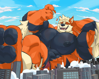 4_fingers abs anthro anthrofied barazoku biceps big_feet big_muscles big_nipples big_pecs birthday black_body black_fur blush blush_lines body_hair bottomwear building cake chest_hair clothed clothing dessert eating eating_cake eating_food eyes_closed feet fingers food fur happy huge_feet huge_muscles huge_pecs macro male muscular muscular_anthro muscular_male nipples on_ground orange_body orange_fur pawpads pecs pokemorph red_bottomwear red_clothing red_shorts shorts solo oinu_kori nintendo pokemon kori_(oinu_kori) arcanine canid canine generation_1_pokemon mammal pokemon_(species) 5:4 digital_media_(artwork) hi_res