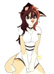 anthro blush breasts brown_eyes clothed clothing collar ear_piercing female hair holding_clothing holding_object looking_at_viewer piercing simple_background solo standing tail wolflady danika_(wolflady) canid canine canis domestic_dog mammal 2023