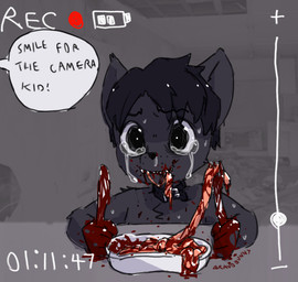 abuse anthro asking blood blood_on_hand bodily_fluids cannibalism crying eating eating_organs food fur furniture gore grey_body grey_fur guts hard_vore holding_fork holding_knife holding_object intestines knife male organs recording snot solo speech_bubble table tears teeth text vore young young_male bravobunny canid canine mammal english_text