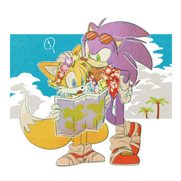 aloha_shirt anthro blue_body blue_eyes blue_fur clothing cloud dipstick_tail duo exclamation_point eyewear floral flower flower_garland footwear frown fur garland gloves green_eyes hand_on_head hand_on_hip handwear holding_object kerchief lei looking_down male map markings multicolored_tail neckerchief neckwear palm_tree pattern_clothing pattern_shirt pattern_topwear plant shirt shoes sky sunglasses tail tail_markings topwear tree white_body white_fur yellow_body yellow_fur ryaa1234 sega sonic_boom sonic_the_hedgehog_(series) miles_prower sonic_the_hedgehog canid canine eulipotyphlan fox hedgehog mammal 1:1