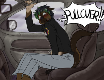 anthro bladder_bulge bodily_fluids bottomwear car clothed clothing denim denim_bottomwear denim_clothing dialogue female fully_clothed fur genital_fluids hair inside inside_car inside_vehicle jacket jeans looking_at_viewer multicolored_body multicolored_fur multicolored_hair omorashi pants peeing peeing_in_car solo talking_to_viewer text topwear two_tone_hair urine vehicle wetting bibarel_rei cynthia_black canid canine canis domestic_dog german_shepherd herding_dog mammal pastoral_dog digital_media_(artwork) english_text