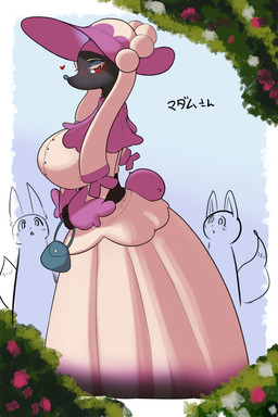 ambiguous_anthro ambiguous_gender anthro anthro_on_anthro big_breasts biped black_body breasts clothed clothed_anthro clothed_female clothing dress eyelashes female female/ambiguous female_anthro fully_clothed fully_clothed_anthro fully_clothed_female group hat headgear headwear heart_symbol pink_clothing pokemorph public pupils purse red_eyes solo_focus standing teal_nose text trio nigiruri nintendo pokemon furfrou generation_6_pokemon matron_trim_furfrou pokemon_(species) 2:3 absurd_res hi_res japanese_text