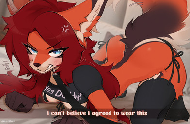 5_fingers all_fours anthro areola biped blush breasts butt claws clothed clothed_anthro clothed_female clothing daddy_kink feet female fingers fur hair inside leashing_viewer looking_at_viewer solo tail teeth text toes amarihel cassie_(amarihel) canid canine fox mammal red_fox true_fox 2026 digital_drawing_(artwork) digital_media_(artwork) english_text hi_res