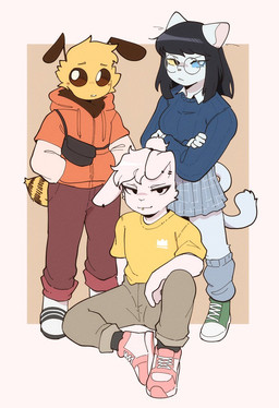 antennae_(anatomy) anthro arthropod_abdomen bag black_hair blonde_hair blue_clothing blue_sclera blue_sweater blue_topwear bottomwear breasts clothed clothed_anthro clothed_female clothed_male clothing crossed_arms ear_piercing eyewear facial_piercing female female_anthro fingers footwear front_view fur glasses green_clothing green_footwear green_shoes group hair hand_in_pocket heterochromia hoodie lip_piercing male male_anthro orange_clothing orange_hoodie orange_topwear pants piercing pink_clothing pink_footwear pink_shoes pockets round_glasses shirt shoes simple_background skirt socks striped_body striped_fur stripes sweater tail topwear trio wearing_glasses white_body white_ears white_fur white_hair white_sclera white_tail yellow_body yellow_clothing yellow_fur yellow_sclera yellow_shirt yellow_topwear conditional_dnp sonokido sonoracers julien_north mika_shinohara seb_clarke arthropod bee domestic_cat felid feline felis honey_bee hymenopteran insect khao_manee lagomorph leporid mammal rabbit 2024 digital_drawing_(artwork) digital_media_(artwork) full-length_portrait hi_res portrait