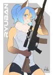 4_fingers anthro blue_eyes blue_hair blush bottomwear clothing female female_anthro fingerpads fingers fur gun hair holding_gun holding_object holding_ranged_weapon holding_rifle holding_weapon kemono looking_at_viewer pawpads ranged_weapon rifle shirt shorts simple_background smile solo tan_body tan_fur topwear weapon ayabemiso canid canine fox mammal 2021 absurd_res hi_res