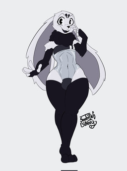 3_toes 5_fingers anthro arm_tuft black_body black_clothing black_fur blush buckteeth bulge clothing crossed_legs curvy_figure ear_tuft feet femboy fingers fur gesture grey_body hand_gesture head_tuft hourglass_figure long_ears looking_at_viewer male markings navel neck_tuft one-piece_swimsuit open_mouth pointing pointing_at_self shoulder_tuft simple_background simple_eyes smile solo swimwear teeth thick_thighs toes translucent translucent_clothing translucent_swimwear tuft white_background white_body white_fur wide_hips soothingbunny gris_swimsuit meme_clothing soothing_(soothingbunny) lagomorph leporid mammal rabbit 2022 hi_res meme signature