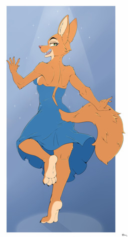 4_toes 5_fingers anthro bare_shoulders barefoot biped blue_clothing blue_dress border breasts claws clothed clothed_anthro clothed_female clothing countershade_face countershade_feet countershade_neck countershading dancing dress ears_up eyebrow_piercing eyebrows eyelashes facial_piercing fangs feet female female_anthro finger_claws fingers fluffy fluffy_tail footwear fully_clothed fully_clothed_anthro fully_clothed_female fur furgonomic_dress furgonomics green_eyes half-closed_eyes inner_ear_fluff iris looking_at_viewer looking_back looking_back_at_viewer narrowed_eyes on_one_leg open_mouth open_smile orange_body orange_fur outside_border paws piercing pink_nose plantigrade pointy_ears prick_ears pupils rear_view shoulder_blades side_boob smile snout soles solo sparkles spotlight standing tail teeth tiptoes toe_claws toes tongue tuft white_border jimfoxx dreamworks the_bad_guys diane_foxington american_red_fox canid canine fox mammal red_fox true_fox 2024 absurd_res dated full-length_portrait hi_res portrait signature