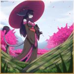 anthro asian_clothing big_ears black_nose breasts chinese cleavage clothed clothing clothing_cord cloud detailed_background east_asian_clothing female fur grass hair holding_object holding_umbrella inner_ear_fluff japanese_clothing kimono long_hair nature obi obidome obijime outside plant purple_eyes sky smile solo tail tail_tuft tree tuft umbrella redwolfxiii canid canine mammal 1:1 2015 hi_res signature