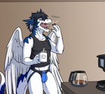 anthro beverage black_clothing black_hair bulge clothing coffee coffee_mug feathered_wings feathers hair jockstrap male open_mouth shirt solo tail tank_top topwear underwear white_body white_feathers wings nameless00 mythology undertale undertale_(series) annoying_dog_(undertale) clei dragon feathered_dragon feathered_scalie mythological_creature mythological_scalie scalie windragon