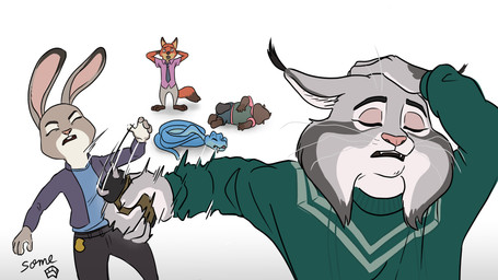accessory anthro attack beaver_tail blue_body bottomwear brown_body clothed clothing ears_back ears_down ears_up eyebrows eyes_closed falling female feral fur grey_body group hand_on_head holding_head holding_object holding_weapon humor hurt_expression jacket lying lying_on_ground male markings motion_lines necktie on_ground on_side open_mouth orange_body pain pants pivoted_ears police_badge shirt simple_background standing sweater t-shirt tail teeth topwear unconscious venom_injector weapon whiskers white_background some_(someone) disney family_guy_death_pose naoya_hair_flip zootopia gary_de'snake judy_hopps nibbles_maplestick nick_wilde pawbert_lynxley beaver canada_lynx canid canine european_rabbit felid feline fox lagomorph leporid lynx mammal oryctolagus pit_viper rabbit red_fox reptile rodent scalie snake true_fox viper 16:9 2026 4k absurd_res digital_drawing_(artwork) digital_media_(artwork) hi_res meme signature widescreen