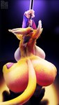 3d_(artwork) absurd_res anthro armwear bandai_namco big_breasts big_butt black_sclera breasts bridal_gauntlets butt canid clothing digimon digimon_(species) digital_media_(artwork) female fur fur_markings hi_res huge_breasts huge_butt long_tail looking_at_viewer looking_back mammal markings neck_tuft picti pole purple_eyes renamon ring_(jewelry) signature solo stripper_pole tail tuft white_body white_fur yellow_body yellow_fur yin_yang