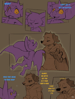 ambiguous_gender anthro big_ears blue_text cloak clothed clothing comic_panel dialogue duo eyes_closed glowing happy machine open_mouth purple_body text wings yawn yellow_eyes yellow_text conditional_dnp dacad tyler_(dacad) zipper_(dacad) bat canid canine mammal comic english_text hi_res restricted_palette