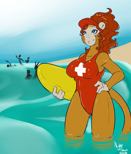 ambiguous_gender anthro beach big_breasts blue_eyes breasts brown_body brown_fur camel_toe clothed clothing curly_hair detailed_background female fur group hair hand_on_hip hat headgear headwear lifeguard long_hair one-piece_swimsuit outside red_hair sand seaside sky smile solo_focus surfboard swimwear tail text vehicle water watercraft wide_hips nightfaux patricia_(nightfaux) haplorhine mammal monkey primate unknown_species 2013 digital_media_(artwork) english_text signature