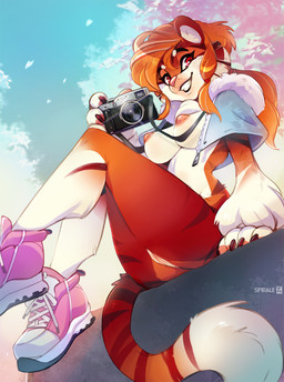 anthro bottomless breasts brown_body brown_fur camera claws clothed clothing female fluffy footwear fur genitals hair looking_at_viewer nipples plant red_eyes shoes simple_background sitting sky smile solo striped_body stripes tail teeth topwear tree white_body white_fur spirale felid mammal pantherine tiger 2024 digital_media_(artwork) hi_res