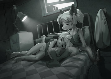 5_fingers 5_toes accessory anthro arm_tuft barefoot bed bottomless bottomless_anthro bottomless_female clothed clothing collarbone duo ear_tuft earbuds electronics eyelashes eyes_closed facial_markings feet female female/female fingers furgonomics furniture furniture_lamp genitals gloves_(marking) hair happy head_markings head_on_lap headphones humanoid_feet leg_markings markings multicolored_body on_lap plantigrade shirt shoulder_tuft smile snout socks_(marking) soles tail tail_accessory tailband tank_top toes topwear tuft vulva window young young_female apis_(artist) alicia_(apis) american_opossum mammal marsupial scalie 2020 black_and_white hi_res monochrome