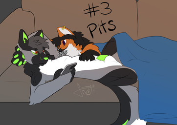 armpit_sniffing bedding blanket claws cuddling distracted fur green_claws green_nose green_pawpads grey_body grey_fur male orange_eyes pawpads sniffing frostidragon dji canid canine canis mammal maned_wolf wolf hi_res