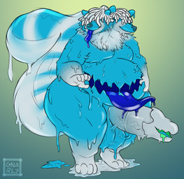 anthro balls belly belly_mouth big_balls big_belly big_penis blue_goo blue_tongue cleaning_tool covered_eyes digitigrade dripping drippy genitals green_drool huge_penis male mop neck_tuft penis penis_mouth slime snout solo standing tongue tongue_out tuft white_penis gnarlybastard canid canine goo_creature humanoid mammal mephitid raccoon_dog skunk tanuki