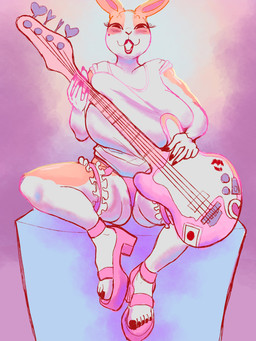 accessory anthro bass_guitar big_breasts blush blush_lines bottomwear breasts clothed clothing eyebrows eyelashes female fingers footwear fur garter guitar high_heels huge_breasts legwear lipstick looking_at_viewer makeup markings mole_(marking) multicolored_body musical_instrument panties plucked_string_instrument shirt shoes simple_background smile solo string_instrument t-shirt teeth topwear two_tone_body underwear icandoodle lagomorph leporid mammal rabbit 3:4 absurd_res digital_media_(artwork) hi_res