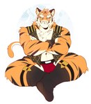 anthro big_muscles biped bulge chest_fur clothing crossed_arms footwear fur looking_at_viewer male muscular muscular_anthro muscular_male orange_body orange_fur sitting socks solo topwear underwear vest white_body white_fur nekudotexe epic_games fortnite oscar_(fortnite) felid mammal pantherine tiger 2024 absurd_res hi_res