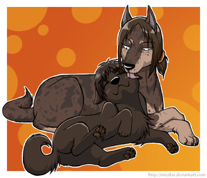 alternate_species blush brown_body brown_fur brown_hair claws crossed_paws duo face_lick feral feral_with_hair feralized fluffy fur hair licking mottled pawpads paws size_difference smile tongue young mizzkie attack_on_titan eren_jaeger ymir_(shingeki_no_kyojin) canid canine canis domestic_dog mammal 2013
