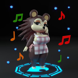 anthro apron apron_only big_breasts black_background black_eyes black_nose breasts brown_body brown_eyeshadow brown_fur cleavage clothed clothing eyelashes feet female freckled_face freckles front_view fur gloves_(marking) gradient_background grey_background leg_markings looking_at_viewer markings mostly_nude musical_note musical_symbol navel open_mouth pattern_apron pattern_clothing simple_background socks_(marking) solo symbol tan_body tan_fur thick_thighs wide_hips general_buta animal_crossing nintendo sable_able eulipotyphlan hedgehog mammal 1:1 3d_(artwork) digital_media_(artwork)