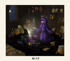 alchemy anthro book bookshelf bottle cable clothing computer container cybernetics detailed_background electronics female flask furniture glowing hood hooded_robe inside jar laboratory light_source machine magic monitor moon night paper potion purple_clothing robe science solo studying table technology tools window wire 10ne-v alexa_(10ne-v) canid canine cyborg fox living_machine mammal robot absurd_res colored digital_media_(artwork) hi_res shaded