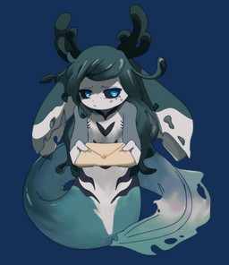 4_fingers blue_eyes blue_hair bodily_fluids female fingers green_body hair horn letter looking_at_viewer mail shy solo split_form sweat sweatdrop white_body pota_cas aquatic merfolk sea_serpent alpha_channel hi_res