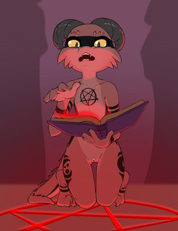 3_toes 4_fingers anthro bodypaint book casting_spell claws fangs feet female finger_claws fingers genitals horn kneeling magic magic_circle magic_user markings nude occult_symbol pentagram red_body solo spell spellbook symbol tail teeth thigh_gap toe_claws toes vulva yellow_sclera koboldklaws narissa_(koboldklaws) kobold scalie absurd_res hi_res