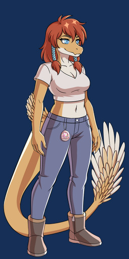 alternate_species anthro biped blue_bottomwear blue_clothing blue_eyes blue_jeans blue_pants boots bottomwear braided_hair breasts brown_body brown_boots brown_clothing brown_footwear brown_scales cleavage clothed clothing countershade_face countershade_torso countershading crop_top denim denim_bottomwear denim_clothing dipstick_tail elbow_feathers feathers female female_anthro footwear hair jeans long_hair long_nails markings midriff navel pants red_hair scales shirt shoes simple_background smile solo standing tail tail_feathers tail_markings tamagotchi_(toy) topwear white_clothing white_shirt white_topwear zanigma devlog:_a_post-modern_college_experience goodbye_volcano_high ko_op_(game_developer) shut-in_studios tamagotchi wolf_nanaki dinosaur dromaeosaurid prehistoric_species reptile saurischian scalie theropod utahraptor absurd_res digital_media_(artwork) hi_res