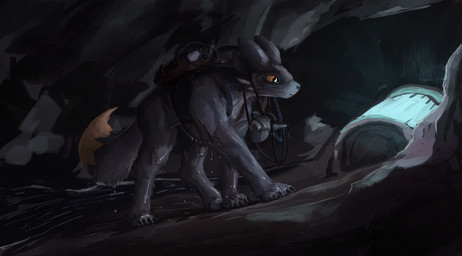 4_toes anthro backpack black_body black_fur black_nose black_tail cave claws detailed_background dipstick_tail dripping_water dripping_wet exploring feet female feral feralized fur inside markings mask medical_instrument orange_eyes oxygen_mask oxygen_tank paws quadruped reflection scientific_instrument snout snow solo tail tail_markings toes walking water waterdrops wet wet_body wet_fur yellow_body yellow_fur yellow_tail apelairplane casualties:_unknown canid canine expie_(gunsawian) gunsawian hybrid mammal murid murine rat rodent 2025 digital_drawing_(artwork) digital_media_(artwork) hi_res shaded