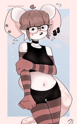 accessory ahoge anthro arm_warmers armwear bangs big_ears big_tail blush bodily_fluids bottomwear breasts brown_hair choker clothing covering covering_breasts crop_top dot_eyes ear_clip ear_piercing embarrassed eyewear facial_tuft female fur glasses hair jewelry legwear markings navel necklace nervous nervous_sweat pattern_bottomwear pattern_clothing piercing pose shaking shirt short_hair shorts shy simple_background simple_eyes solo striped_bottomwear striped_clothing stripes sweat tail tail_markings tank_top text thigh_highs topwear tuft white_body white_fur somewhatarat misha_(somewhatarat) mammal mouse murid murine rodent absurd_res artist_name colored digital_media_(artwork) hi_res pinup