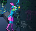 against_surface against_wall alley anthro blue_body blue_chest blue_fur bulge city cornered detailed_background drone dumpster duo fur graffiti latex leaning leaning_forward male male/male night null_bulge outside pink_body pink_ears pink_fur size_difference sparklefur standing yellow_hands anonymous_artist deltarune undertale undertale_(series) everyman spamton_g._spamton bat darkner humanoid mammal werewire colorful_theme