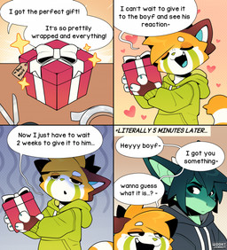 anthro biped claws clothed clothed_anthro clothed_female clothed_male clothing dialogue duo female fingers fur hair horn male present_box smile tail text jinxit mythology energee_(flinxsmiler) pocky_(jinxit) ailurid dragon mammal mythological_creature mythological_scalie red_panda scalie 2025 comic digital_drawing_(artwork) digital_media_(artwork) english_text hi_res